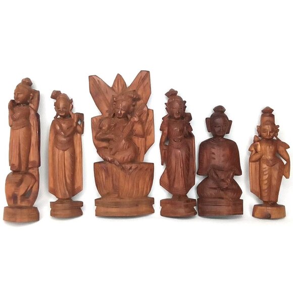 Vintage Wooden Figurine Set Of 6 Hand Carved Wood Chinese Deities 1970s - Picture 1 of 7
